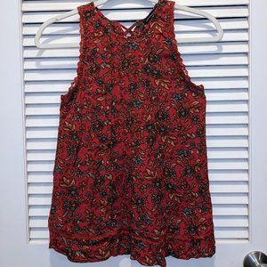 American Eagle Outfitters Tank Brick Red Floral Swing Top Lace Up Back Size XS.